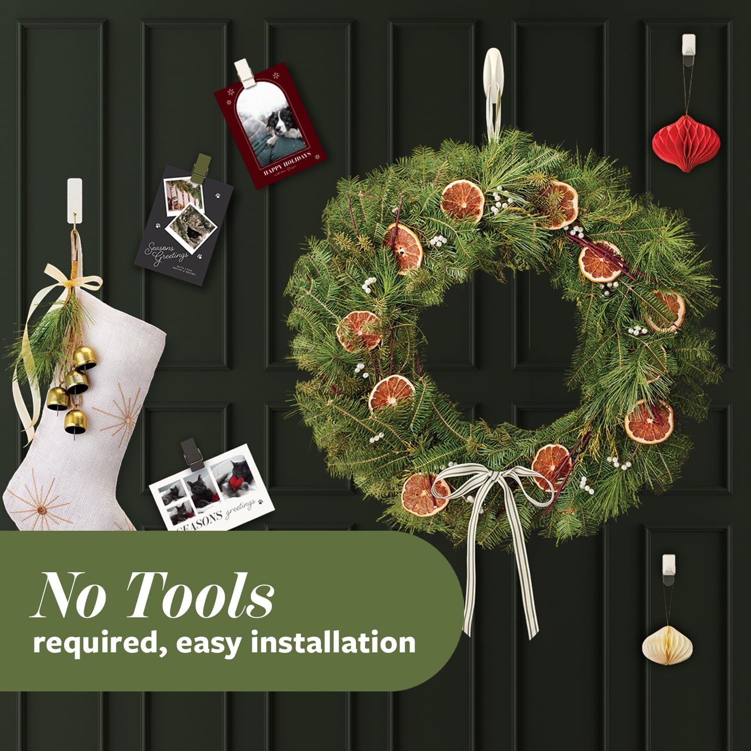 Command Minimalist Hook Pack in Sage, 10 Adhesive Hooks and Clips for Clutter Free Holiday Wall Styling