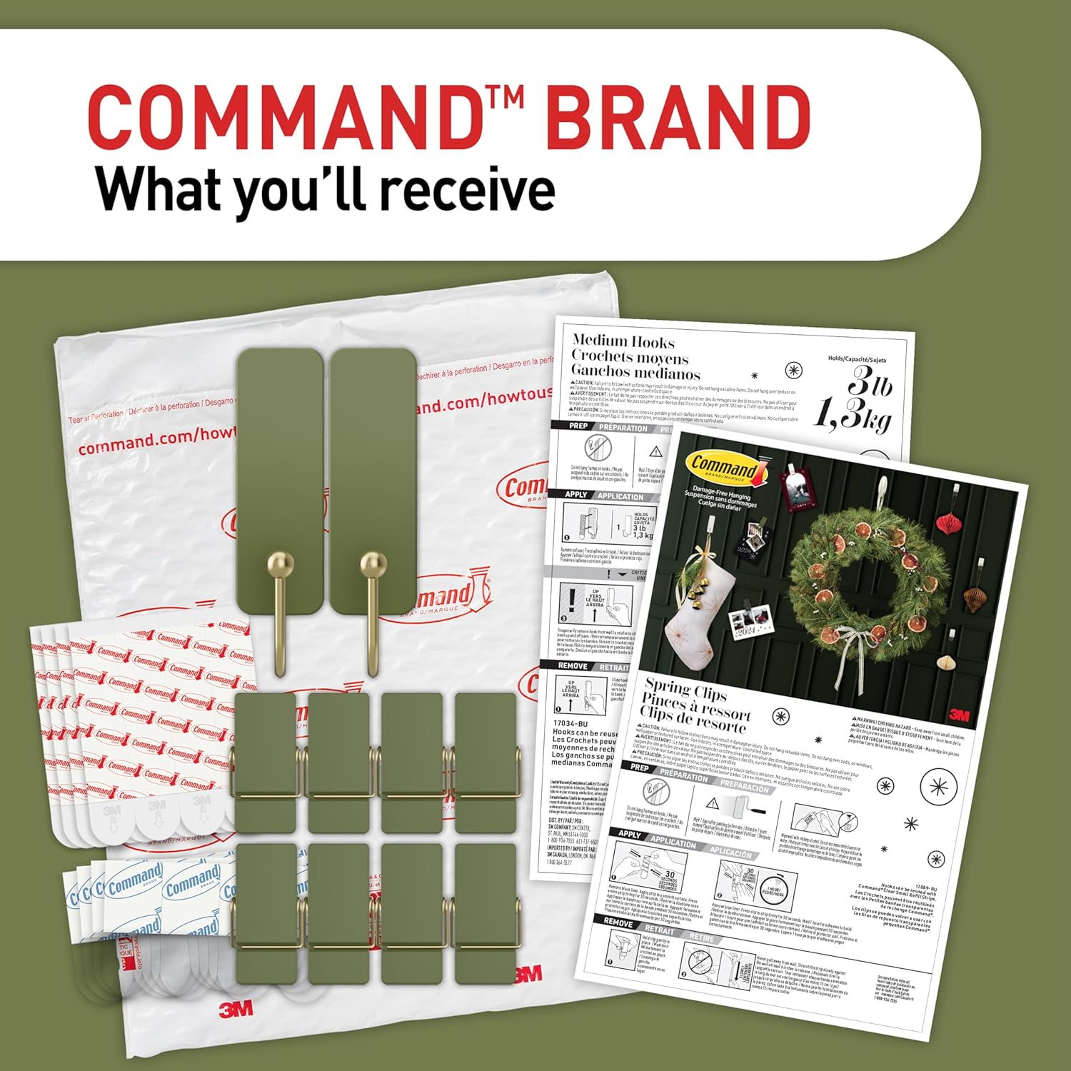 Command Minimalist Hook Pack in Sage, 10 Adhesive Hooks and Clips for Clutter Free Holiday Wall Styling