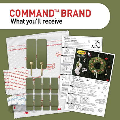 Command Minimalist Hook Pack in Sage, 10 Adhesive Hooks and Clips for Clutter Free Holiday Wall Styling