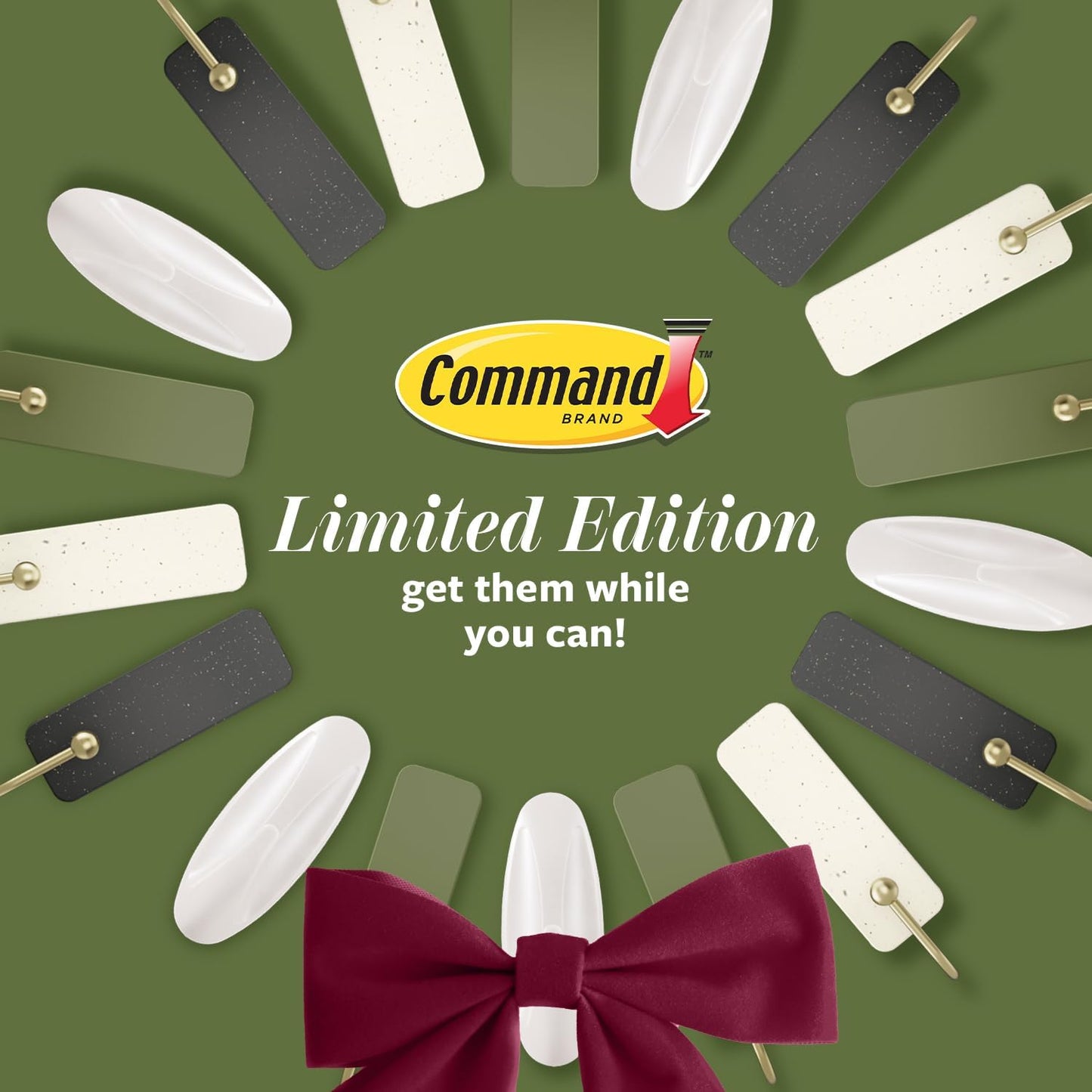 Command Minimalist Hook Pack in Sage, 10 Adhesive Hooks and Clips for Clutter Free Holiday Wall Styling