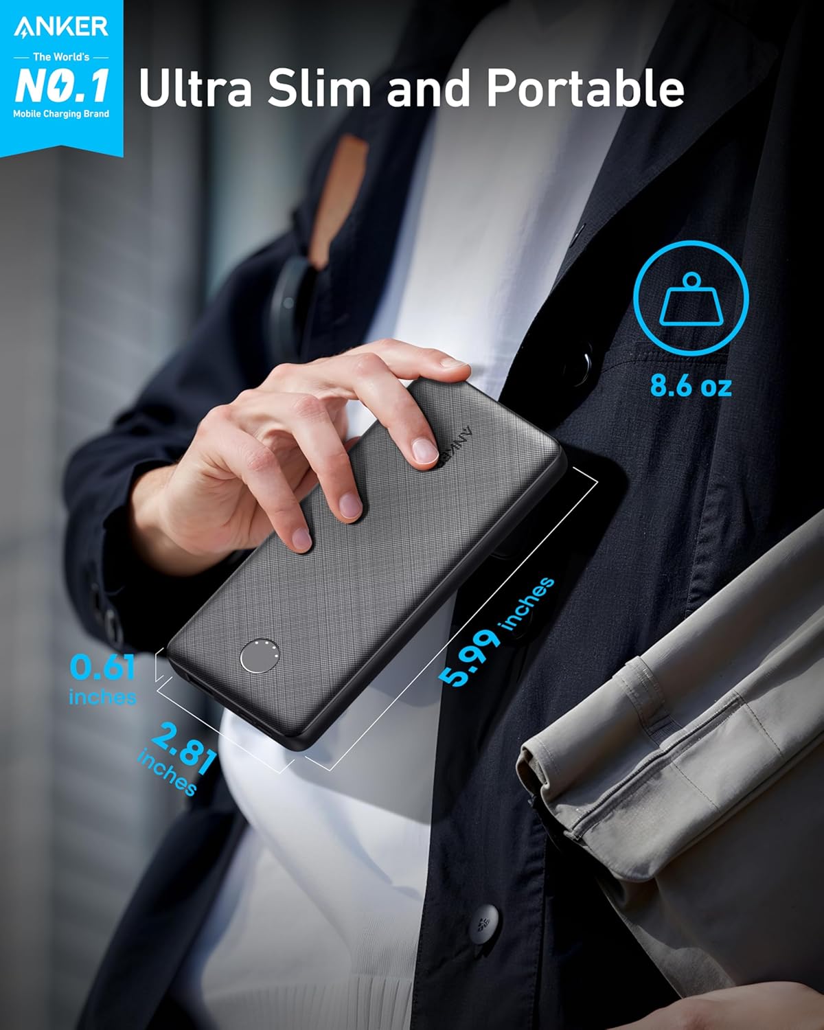 compact 5.99 × 2.81 × 0.61-inch form factor at 8.6 oz