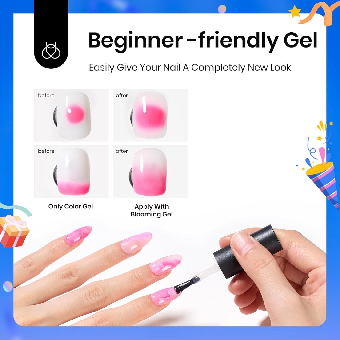 compatible with all nail art systems—apply before color gel, then bloom with brush
