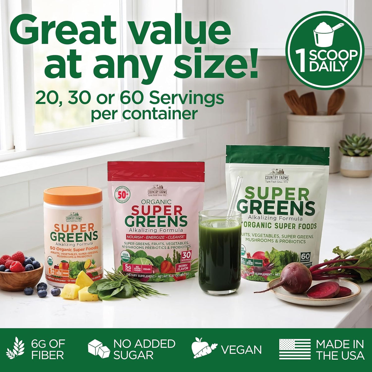 Country Farms Organic Super Greens Powder – Durable Canister Mix for Patio Brunches, Picnics and Open-Air Wellness