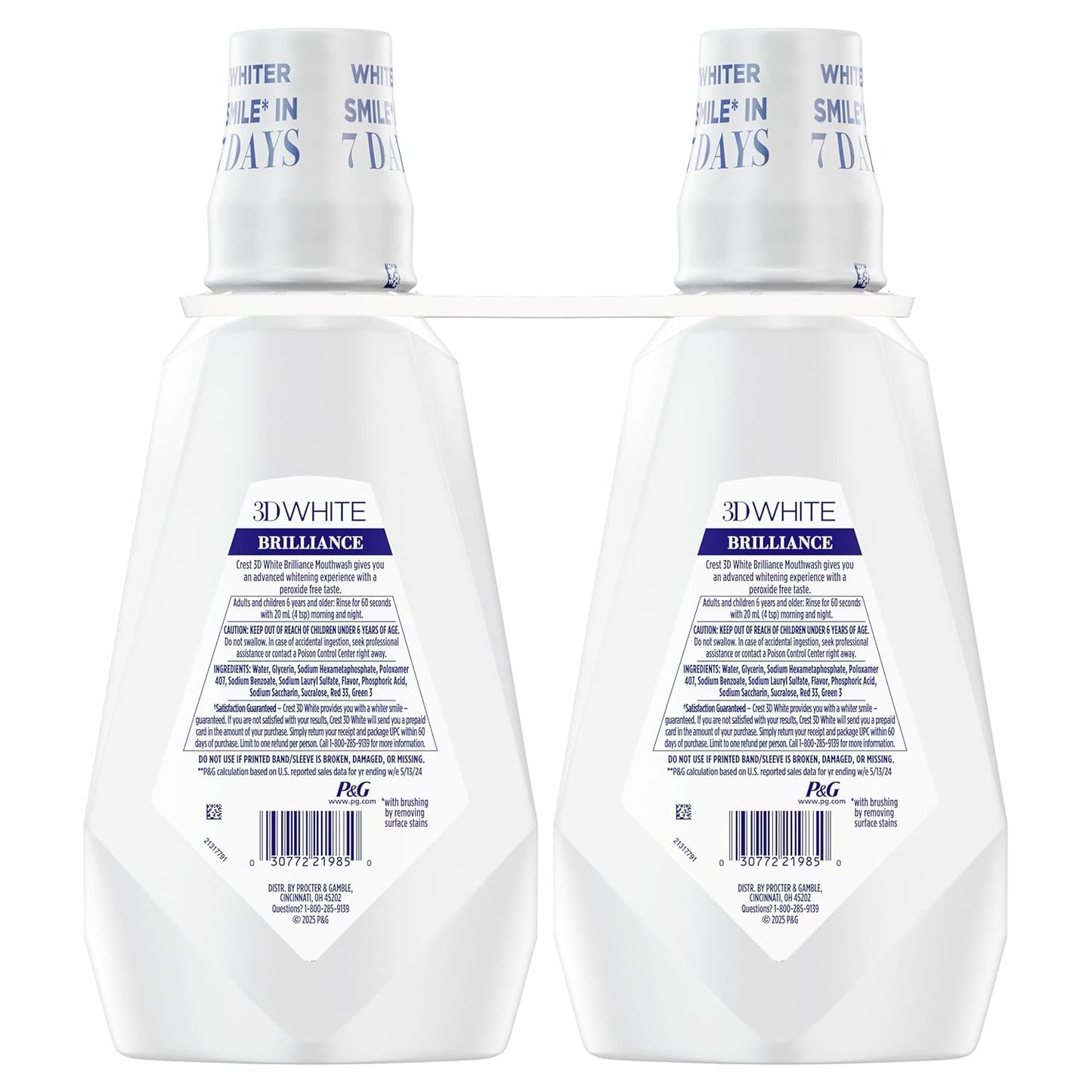 Crest 3D White Brilliance Mouthwash – Peroxide-Free Clean Mint Rinse, 2x1L Twin Pack for Mindful Self-Care Routines