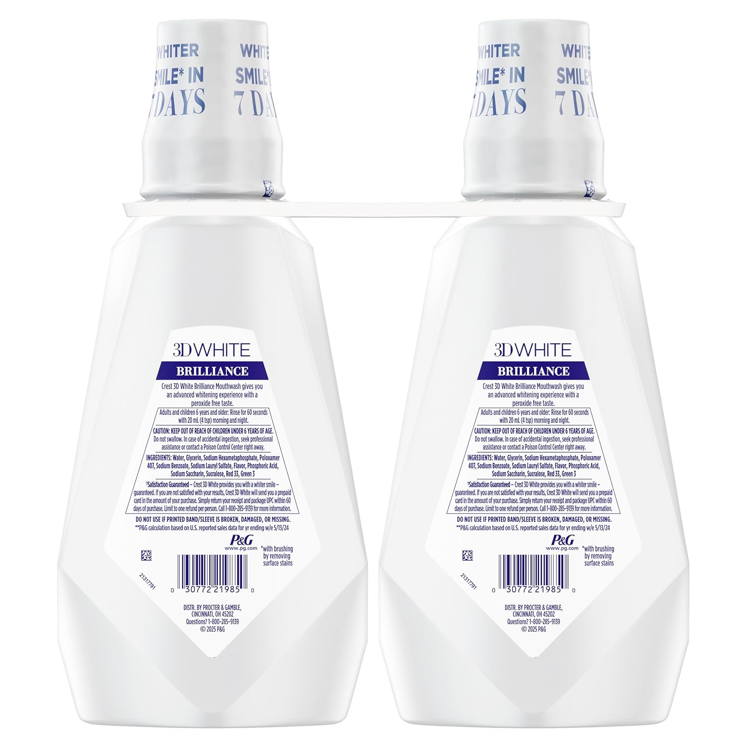 Crest 3D White Brilliance Mouthwash – Peroxide-Free Clean Mint Rinse, 2x1L Twin Pack for Mindful Self-Care Routines