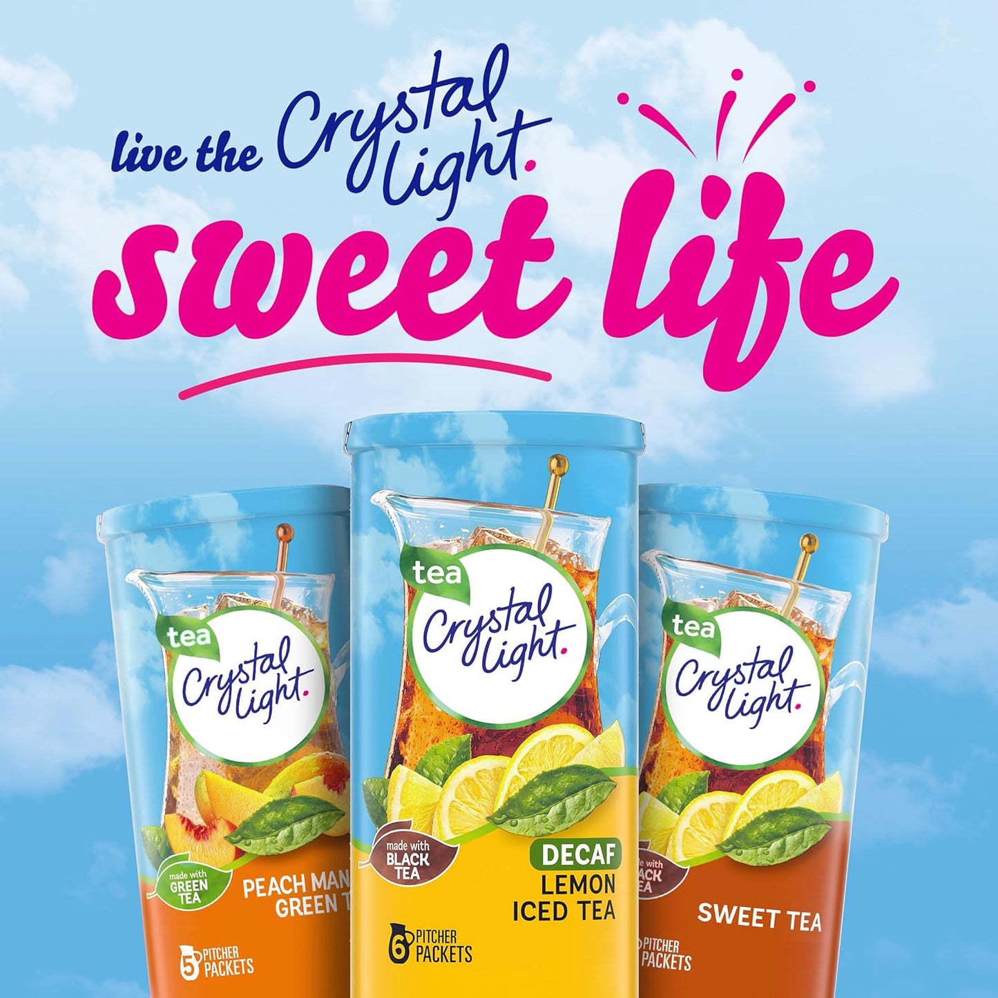 Crystal Light Decaf Lemon Iced Tea – Nighttime Wind-Down Drink for Calorie-Conscious Adults, Caffeine-Free 2-Quart Pitcher Mix