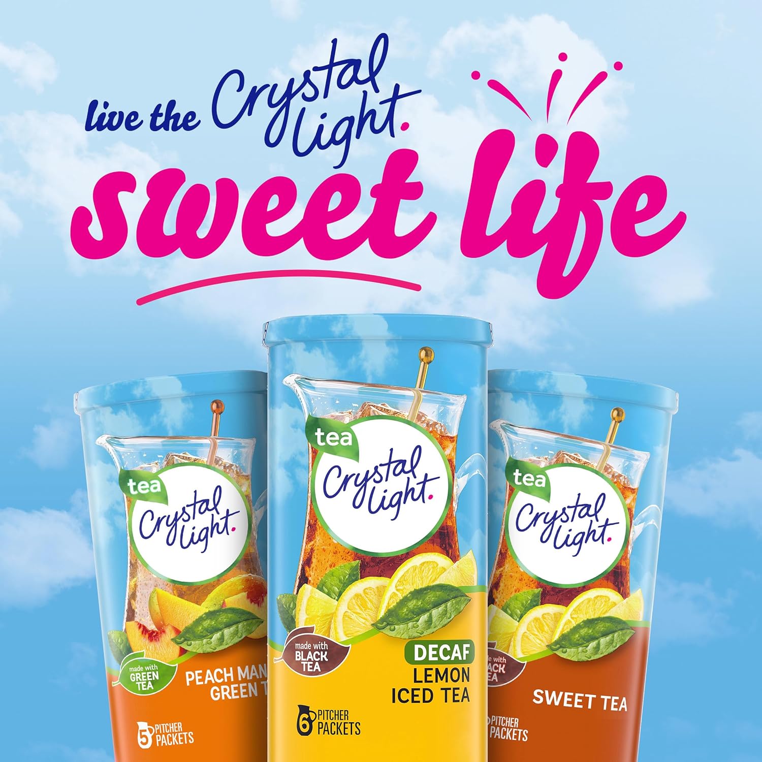 Crystal Light Decaf Lemon Iced Tea – Nighttime Wind-Down Drink for Calorie-Conscious Adults, Caffeine-Free 2-Quart Pitcher Mix