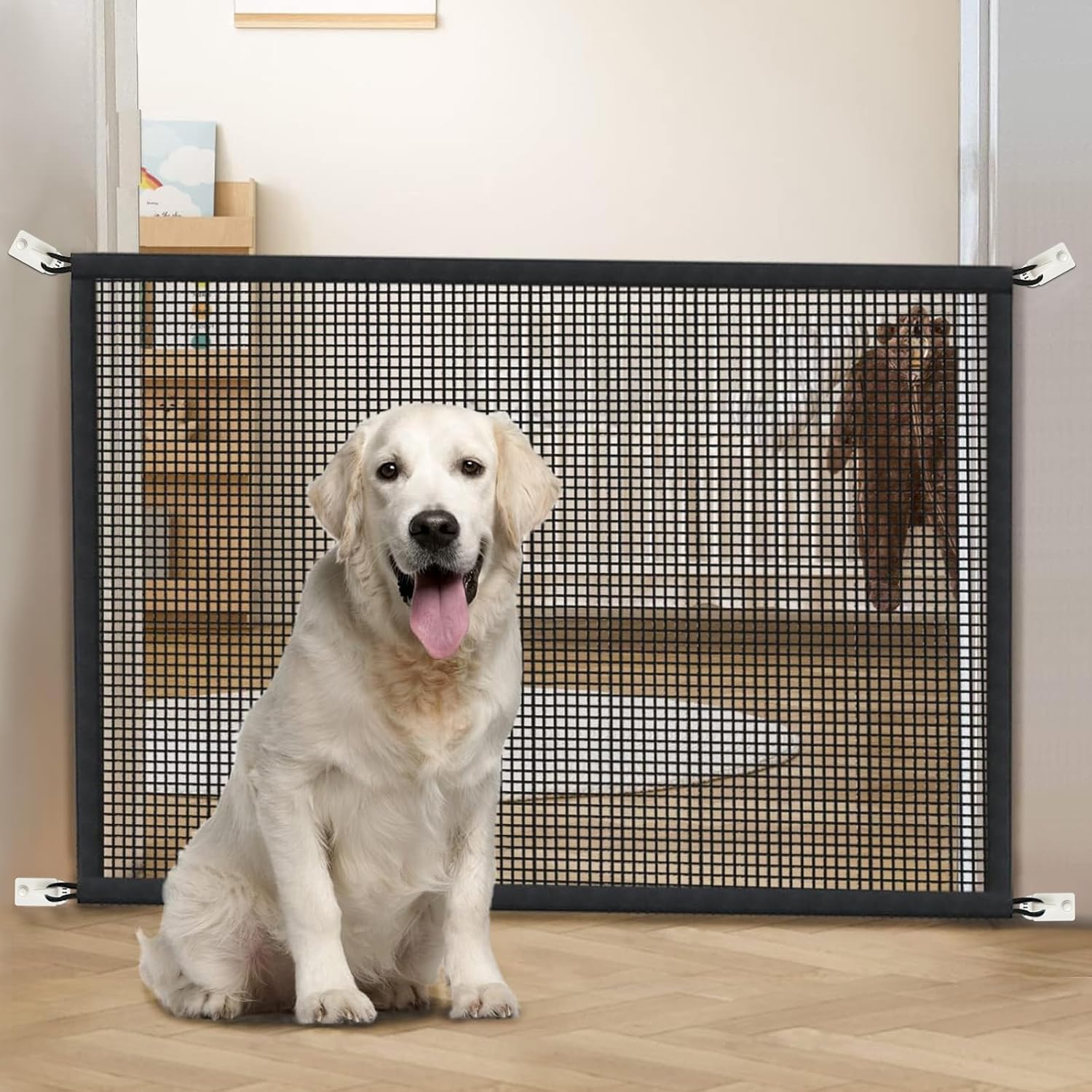 Cupount Pet Gate for Stairways – Stylish Black Mesh Screen Complementing Living Room and Hallway Aesthetics
