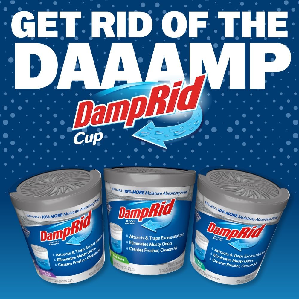 DampRid Refillable Moisture Absorber 11 oz 6-Pack Decorative Blue Cup for Bedroom Closet, Musty Odor Solution That Blends with Home Decor