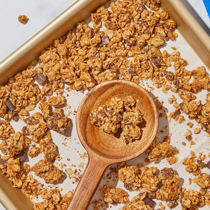 dark chocolate chunks combined with almond butter create a cookie-cluster texture