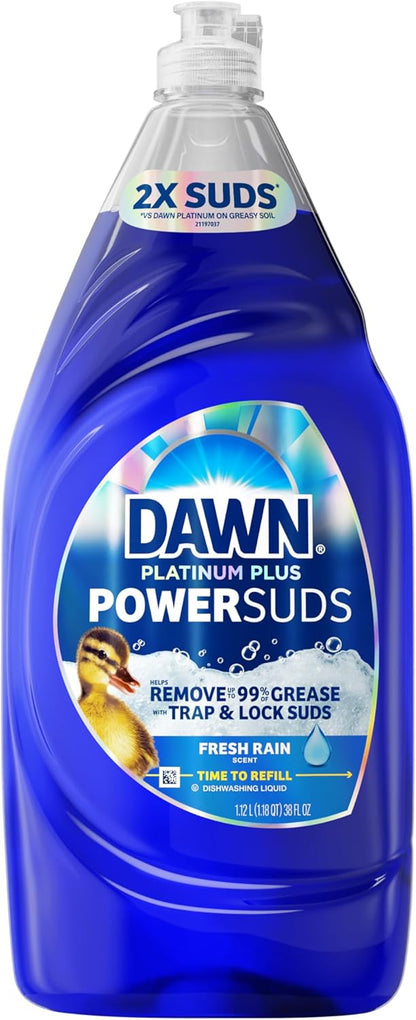 Dawn Platinum Plus PowerSuds Dish Soap for Family Kitchens, Plastic-Safe Formula for Tupperware and Kids' Plates 38 oz