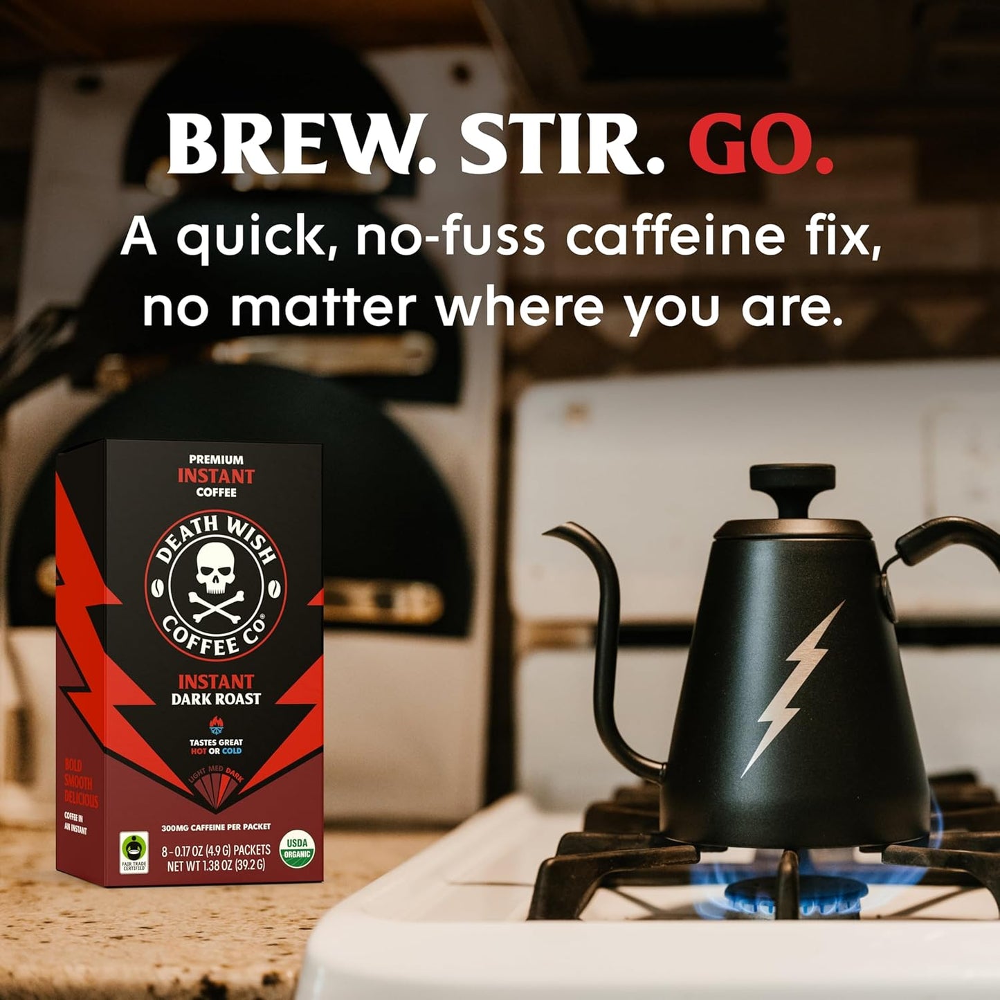 Death Wish Coffee Instant Dark Roast Packets – Home Office Focus Brew, Bold High-Caffeine Arabica & Robusta for Long Work Sessions