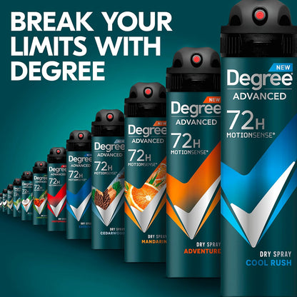 Degree Men Cool Rush Dry Spray Antiperspirant 3-Pack – 72-Hour Outdoor Odor Protection for Camping, Patio, and Trail Days