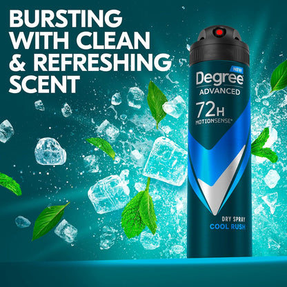 Degree Men Cool Rush Dry Spray Antiperspirant 3-Pack – 72-Hour Outdoor Odor Protection for Camping, Patio, and Trail Days