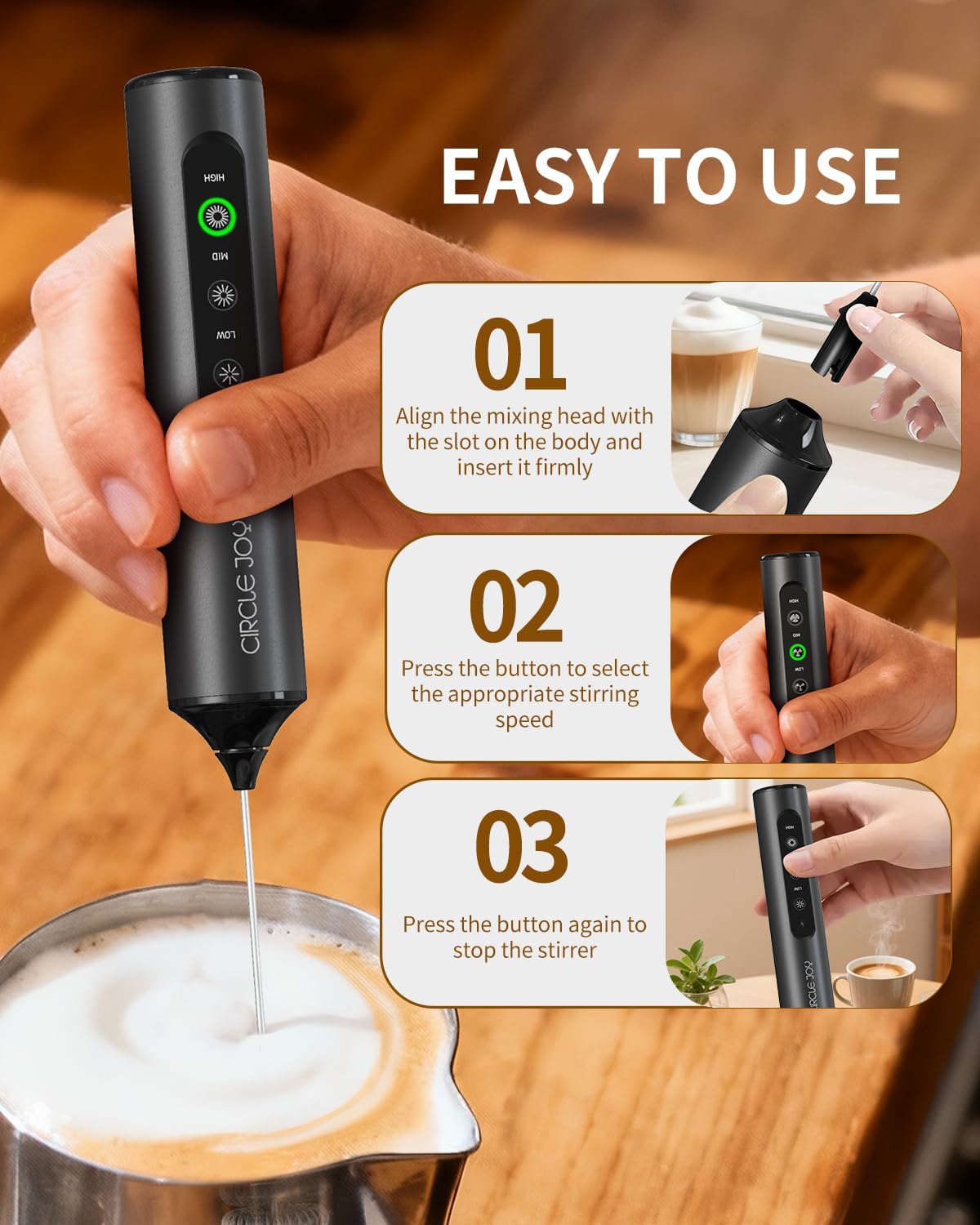detachable, non-stick stainless steel heads for rinse-and-go cleaning