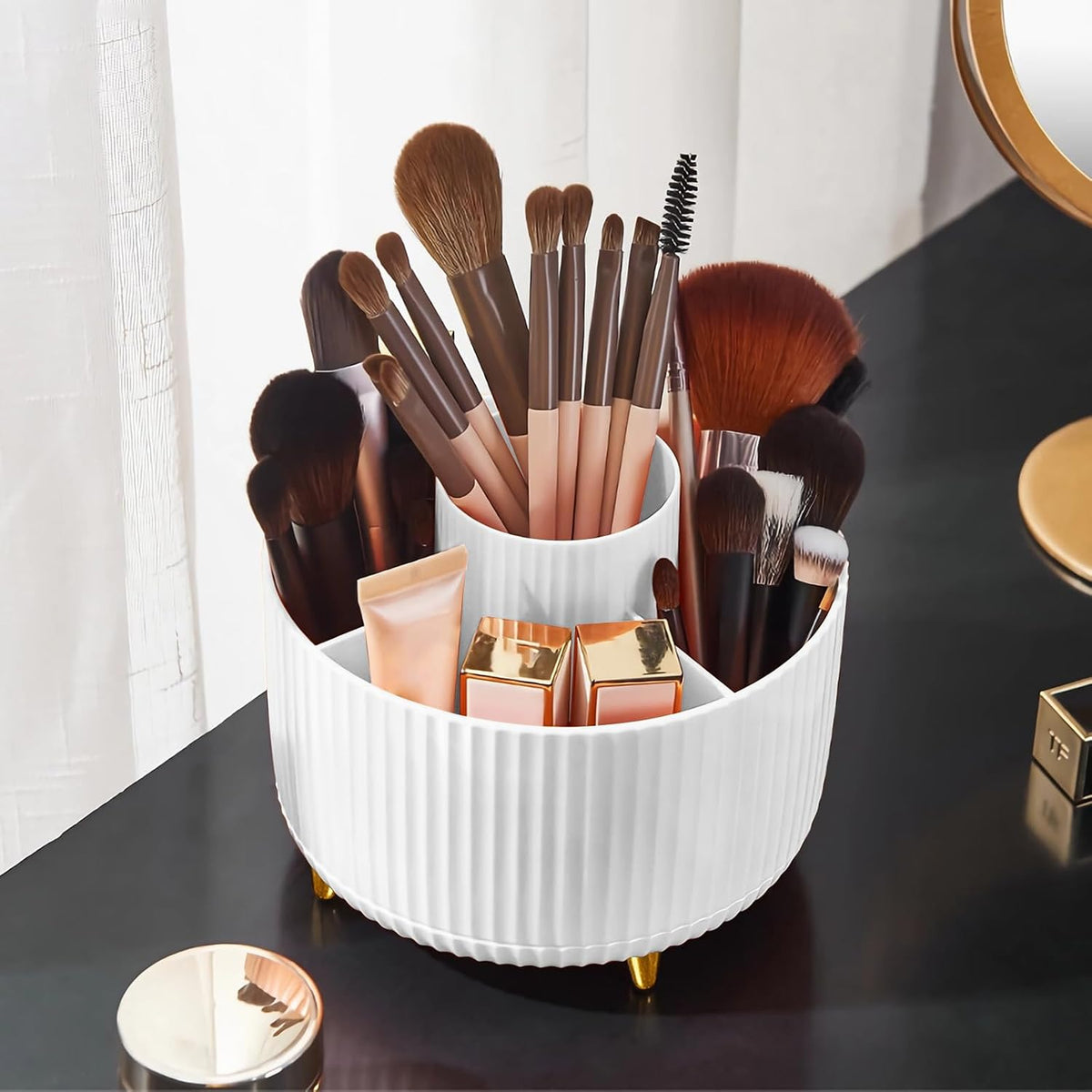 Diesisa Makeup Brush Holder – Minimalist 5-Slot Organizer with Clean Lines, 360° Rotating Cup for Intentional Vanity Setups