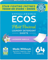 ECOS Laundry Detergent Sheets Lavender Vanilla – Calming Self-Care Laundry Ritual for Sensitive Skin, 64 Count