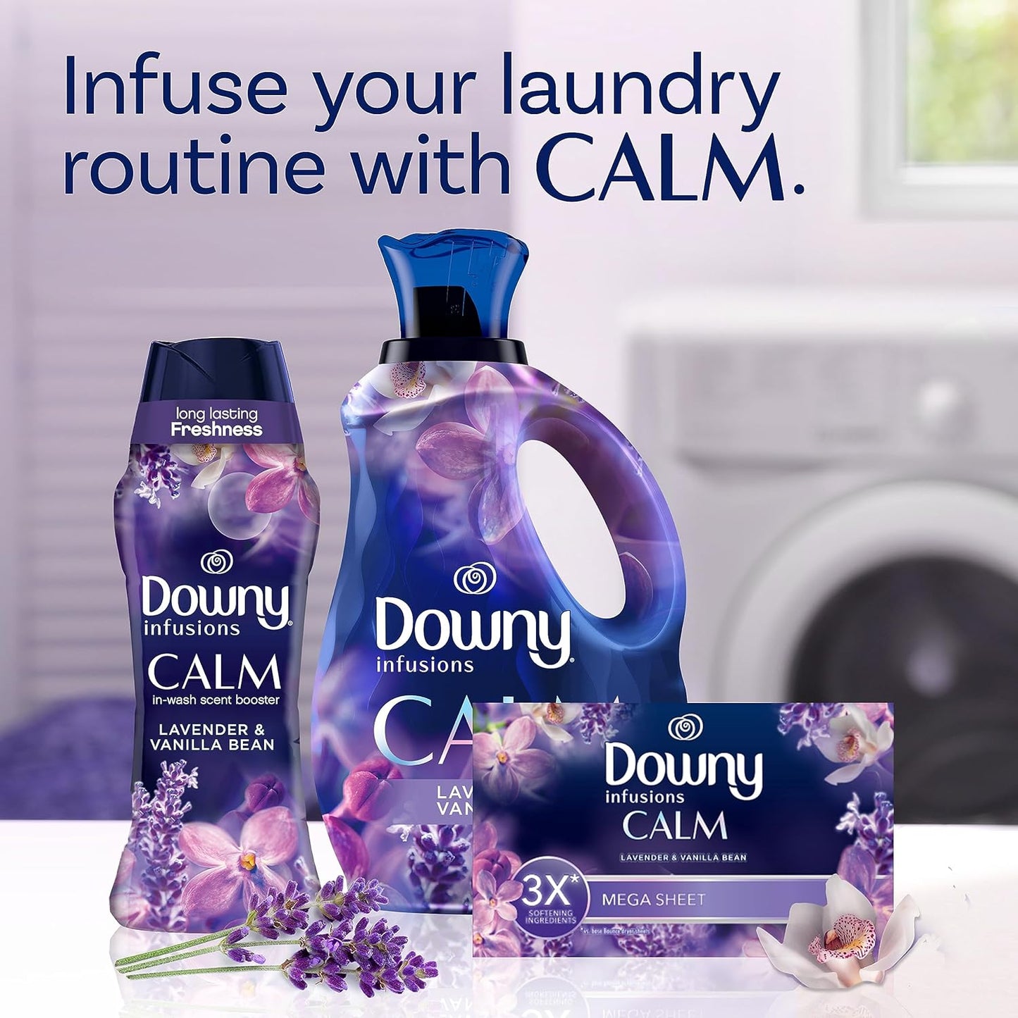 Downy CALM Mega Dryer Sheets – Lavender Vanilla Bedtime Laundry Softener for a Calming Nightly Routine