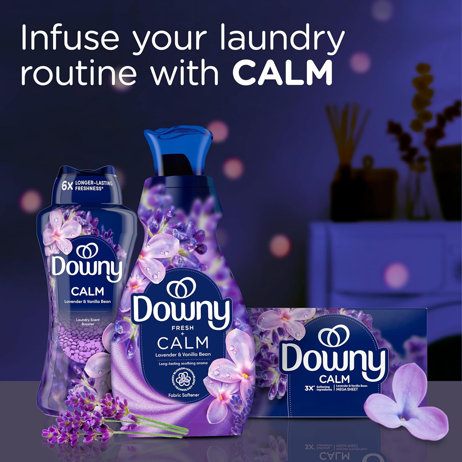 Downy Infusions CALM Fabric Softener Lavender Vanilla – Scented Laundry Softener for Meditation Space, 56 Fl Oz Pack of 2