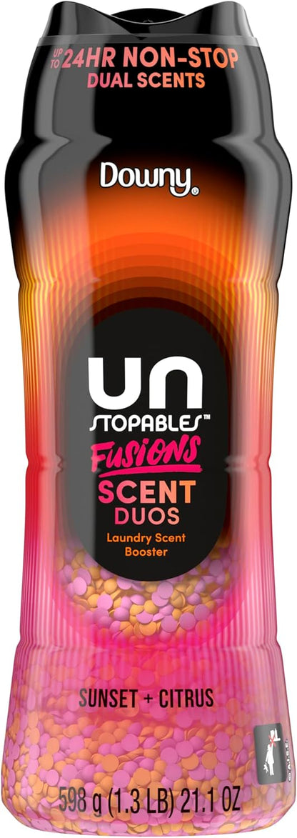Downy Unstopables Fusions Scent Duo Beads Sunset & Citrus Long-Lasting Tropical Citrus Laundry Fragrance for Yoga Room and Meditation Space Linens