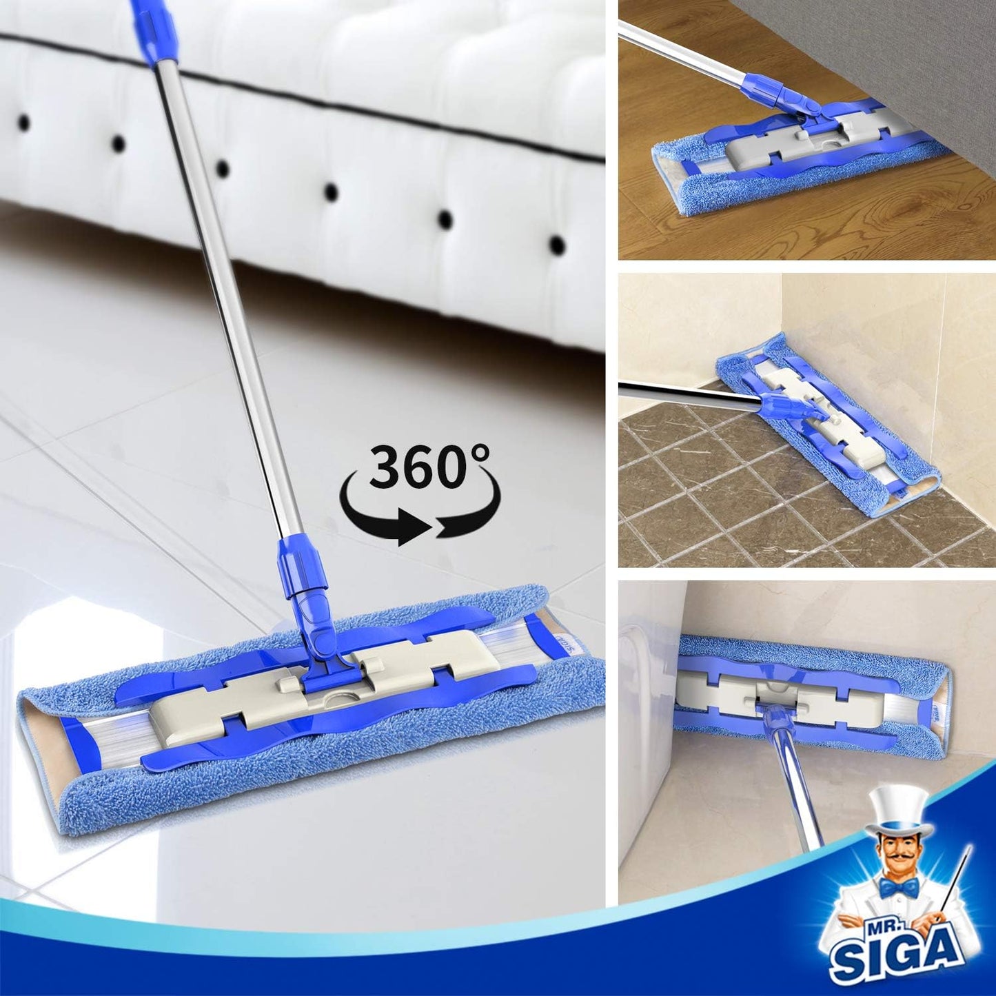 dual-action microfiber pad: blue side for wet/dry mopping, plush beige side for waxing