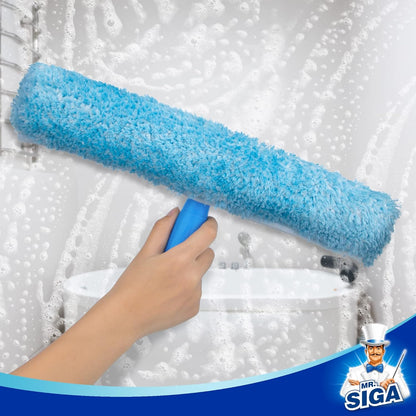 dual-component combo: squeegee head plus removable microfiber scrubber