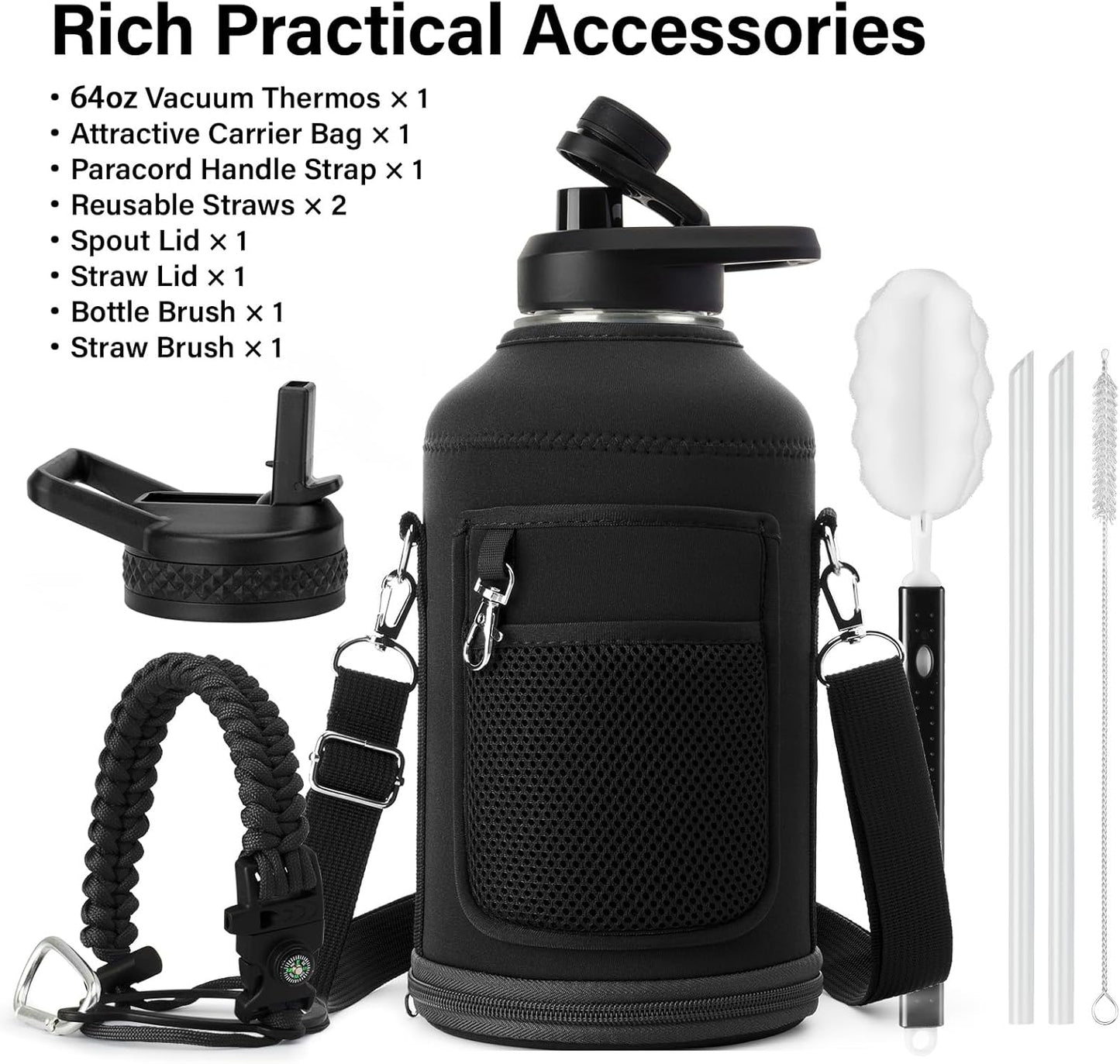 dual lid system: straw cap for sipping + spout cap for pouring
