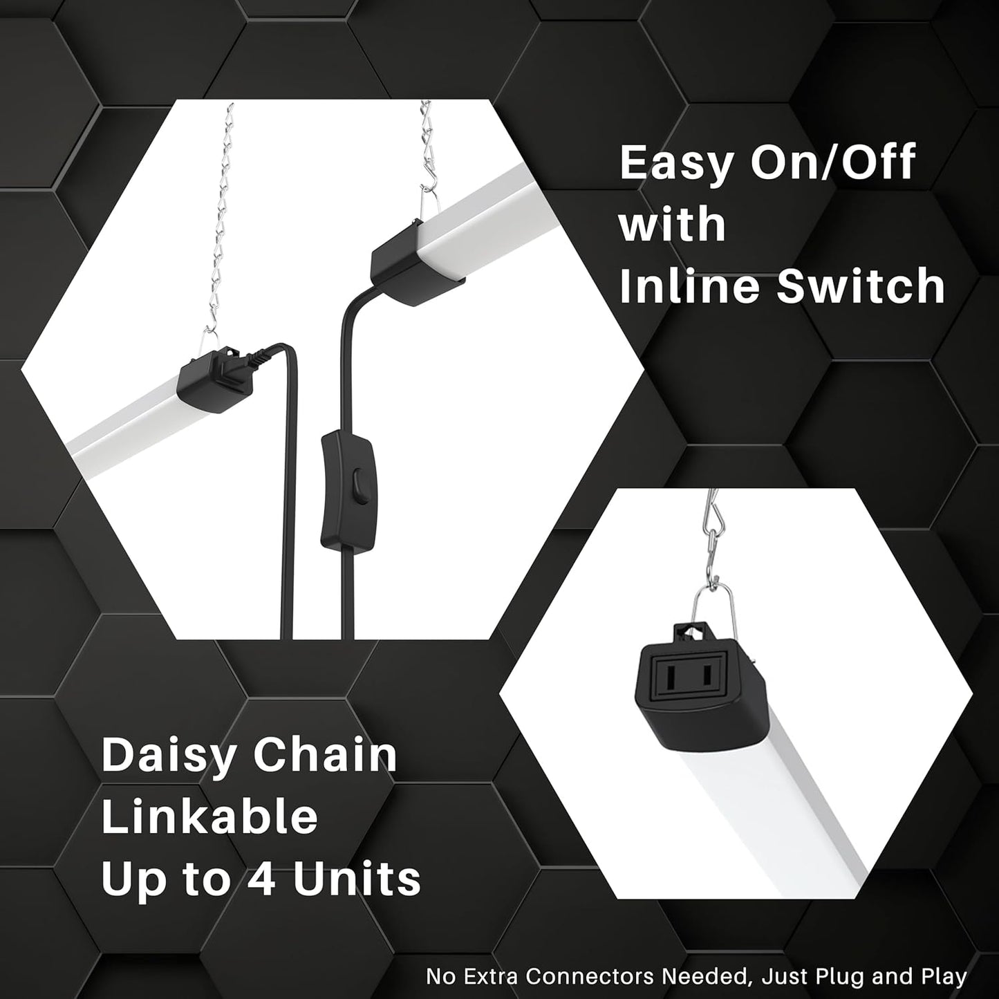 dual mounting options: surface mount via included hardware or suspended from hooks
