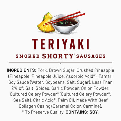 Duke's Pork Teriyaki Smoked Shorty Sausages – Portable Protein Snack for Hiking and Trail Lunches, 5 oz