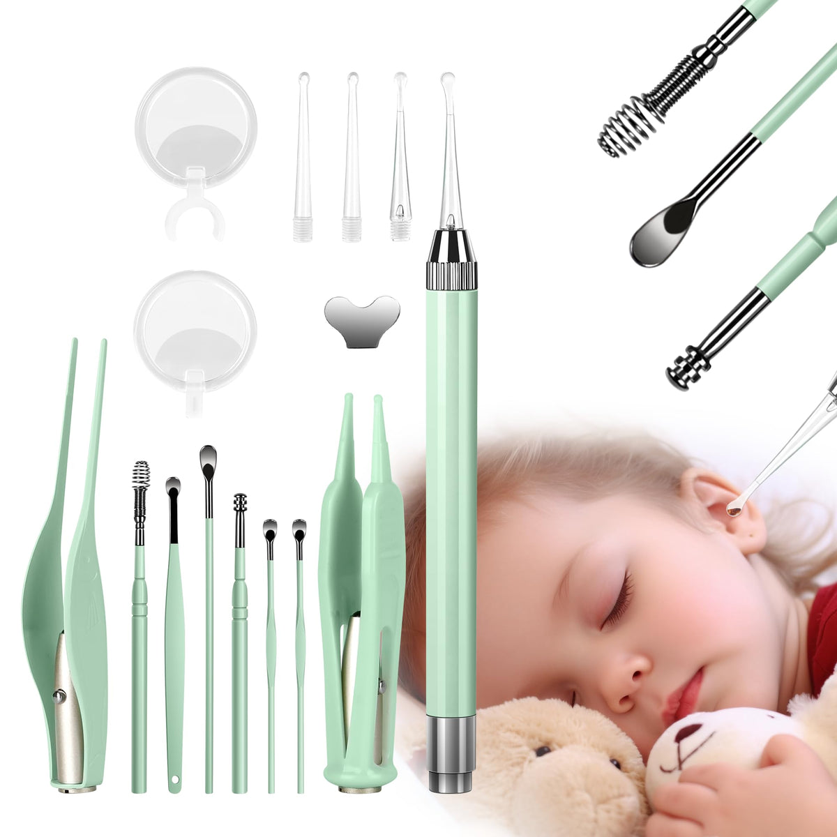 Ear Wax Removal with Light - 8 Pcs Ear Cleaning Kit for Kids and Adults | Pediatrician-Inspired Home Ear Care, Lighted Tweezers for Kids