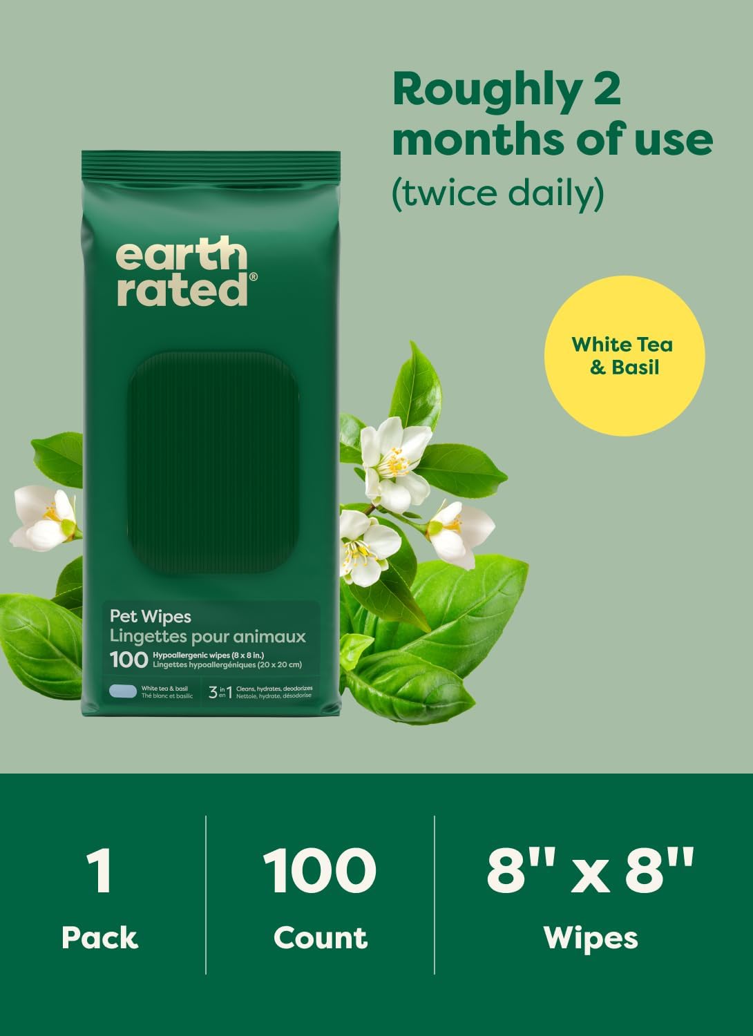 Earth Rated Pet Wipes for Dogs and Cats – Tear-Free Safe Grooming Around Eyes and Ears, 70 Count Sensitive Area Wipes