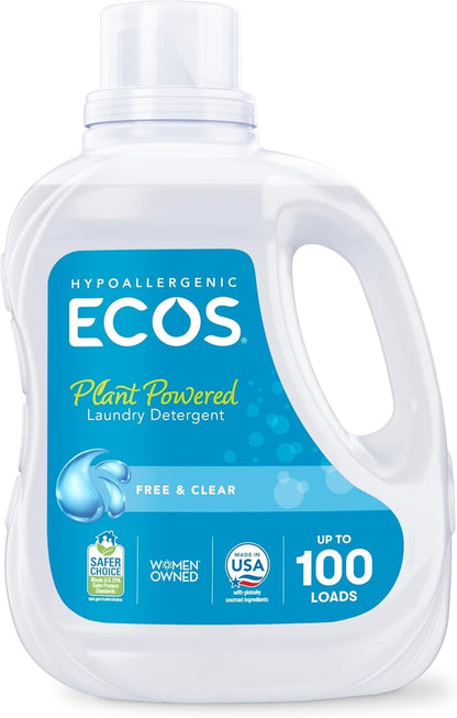 ECOS Laundry Detergent Liquid – Hypoallergenic Free & Clear for Sensitive Skin Wellness Routines, 100 Fl Oz Pack of 2