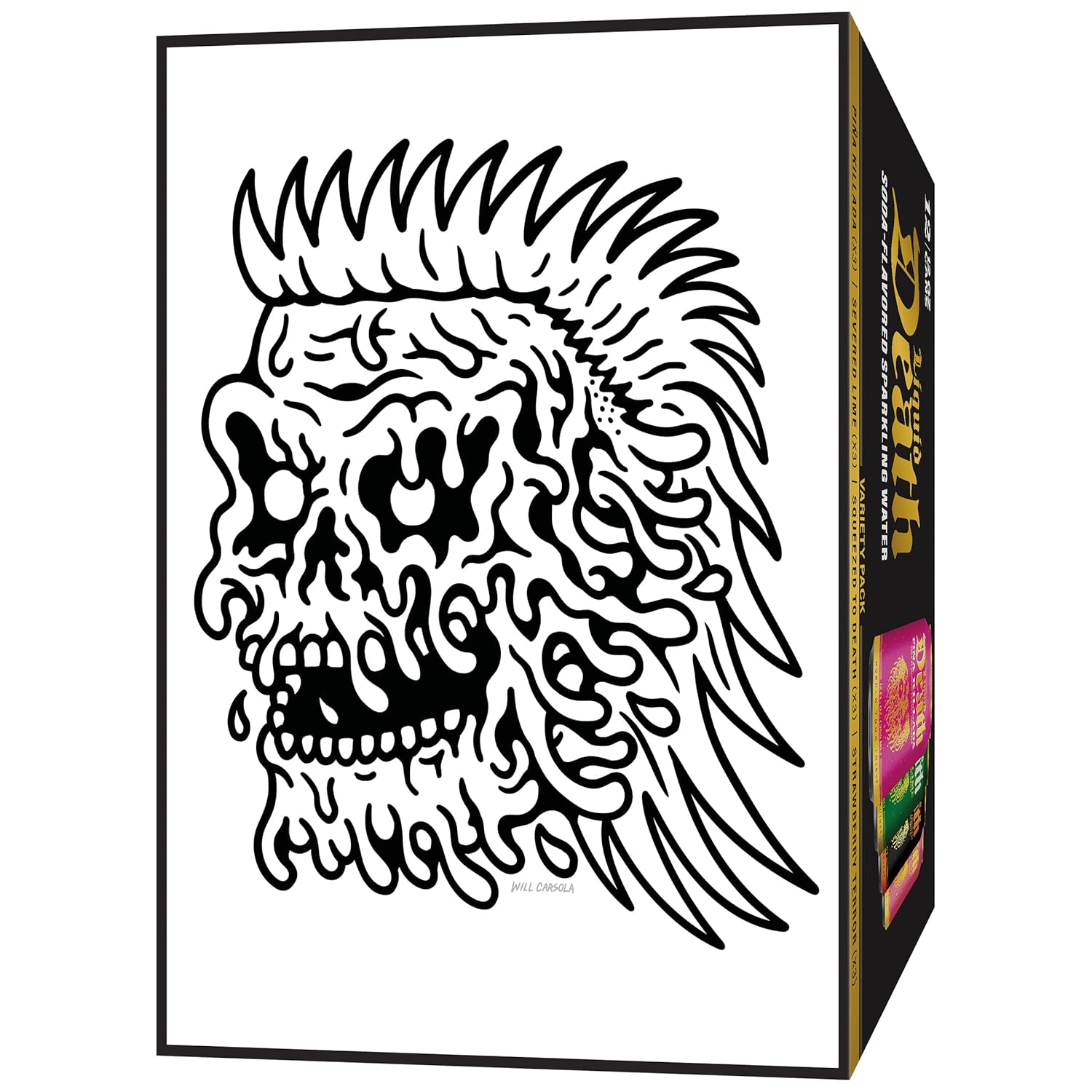 eight distinct flavor skus including severed lime, strawberry terror, mango chainsaw, piña killada, killer cola, cherry obituary, rootbeer wrath, and doctor death