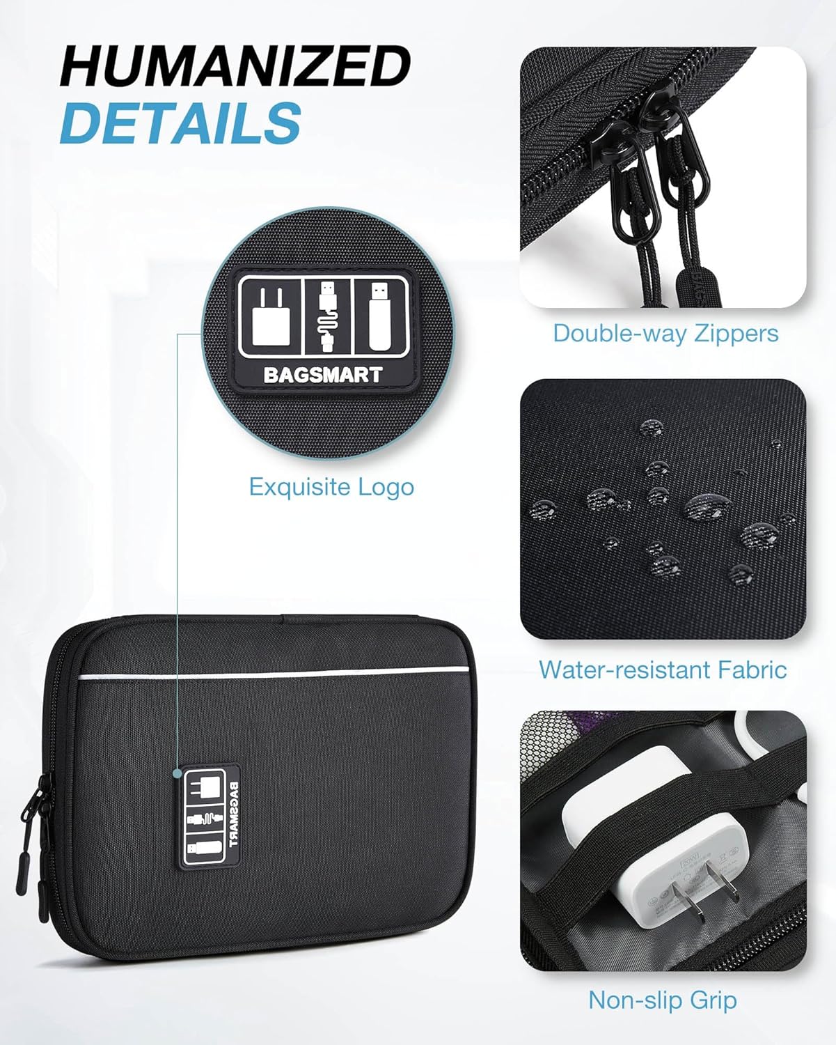 elastic loops with non-slip grips to secure cables, earbuds, and small chargers