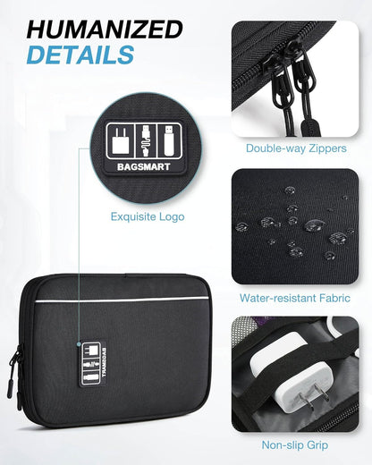 elastic loops with non-slip grips to secure cables, earbuds, and small chargers