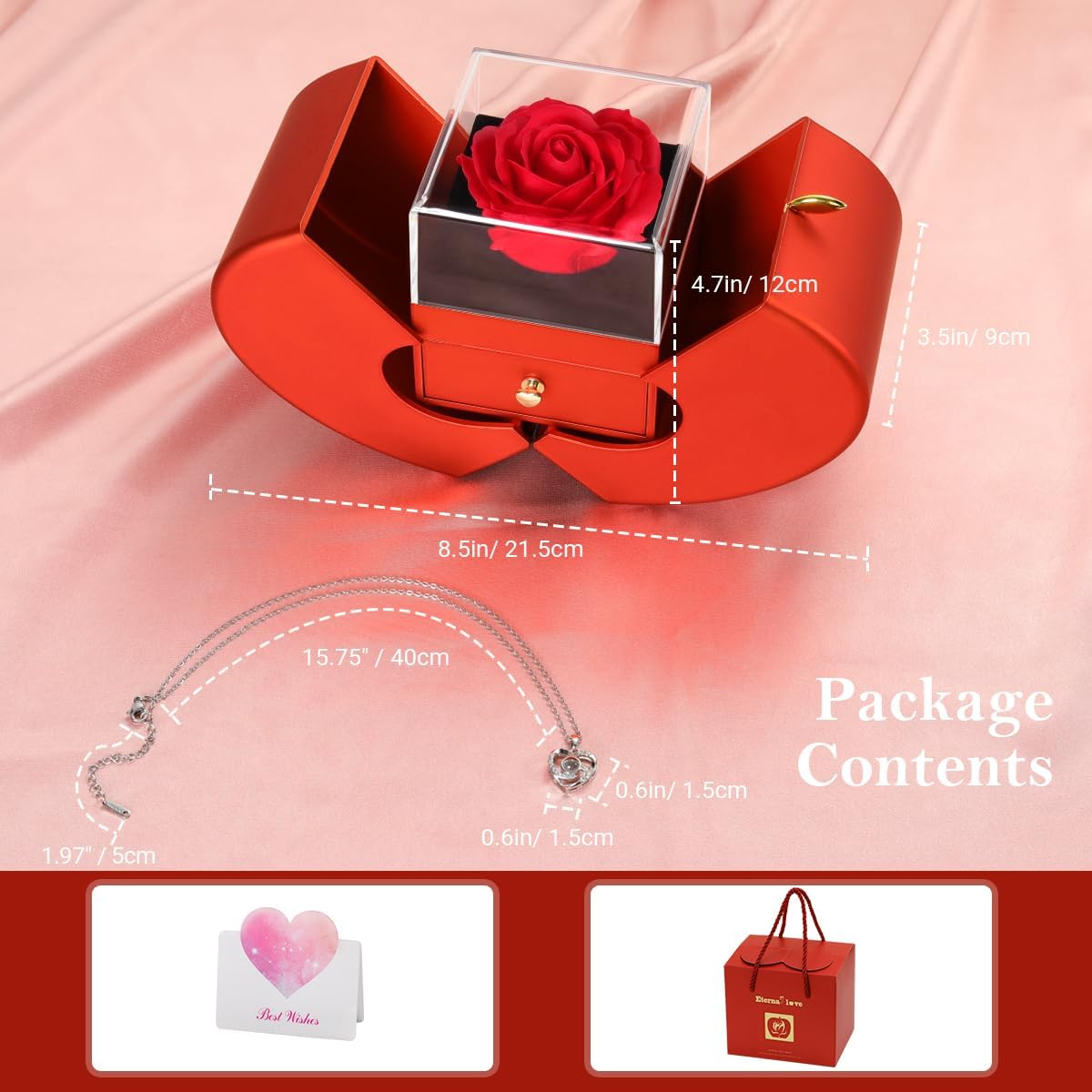Emibele Preserved Rose with Heart Necklace – Ready-to-Give Birthday Gift for Her, Valentine's Day Flower and Jewelry Combo