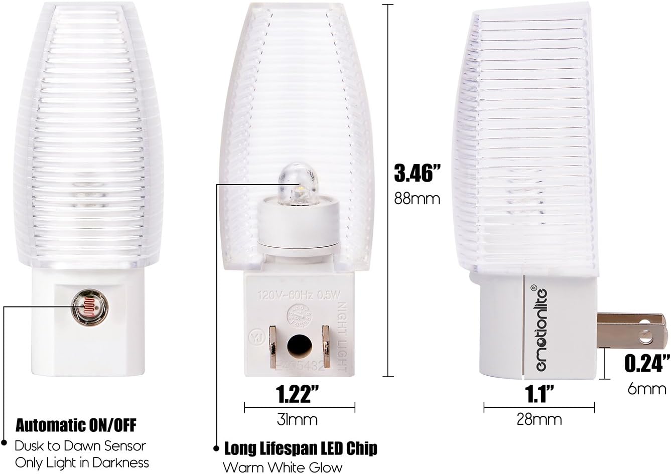 Emotionlite Plug-in Night Light – Compact Side-Prong Design for Clutter-Free Outlets, Dusk to Dawn