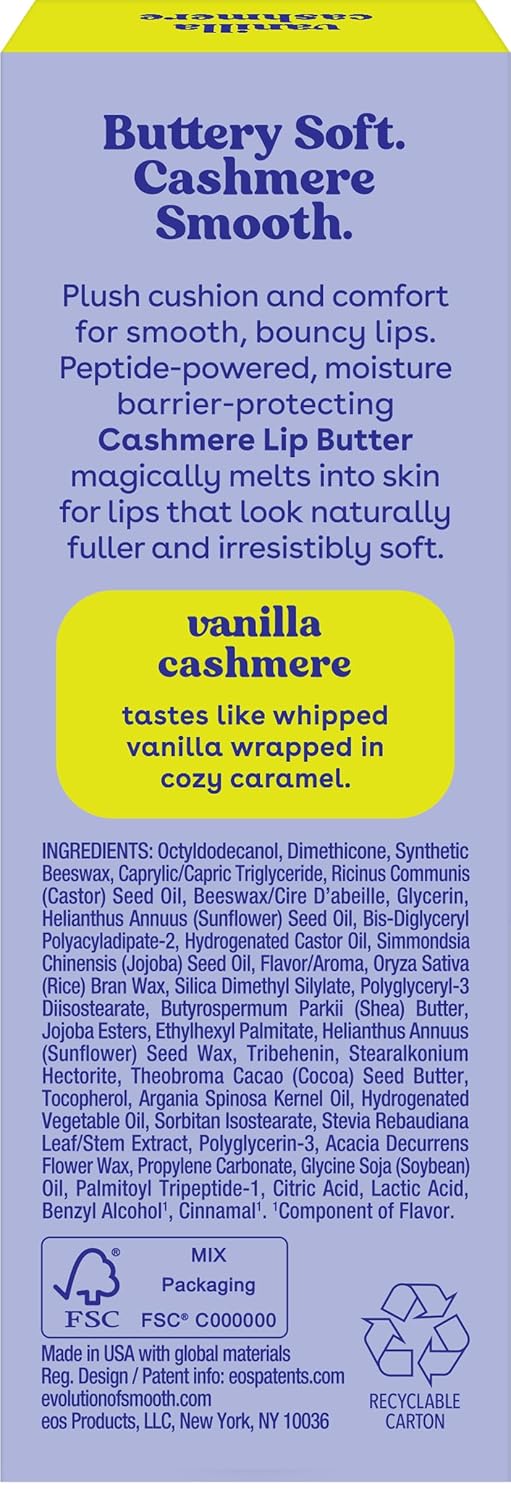 eos Cashmere Lip Butter – Calming Vanilla Cashmere Lip Moisturizer for Bath Time Wind-Down, Sensitive Skin Overnight Mask