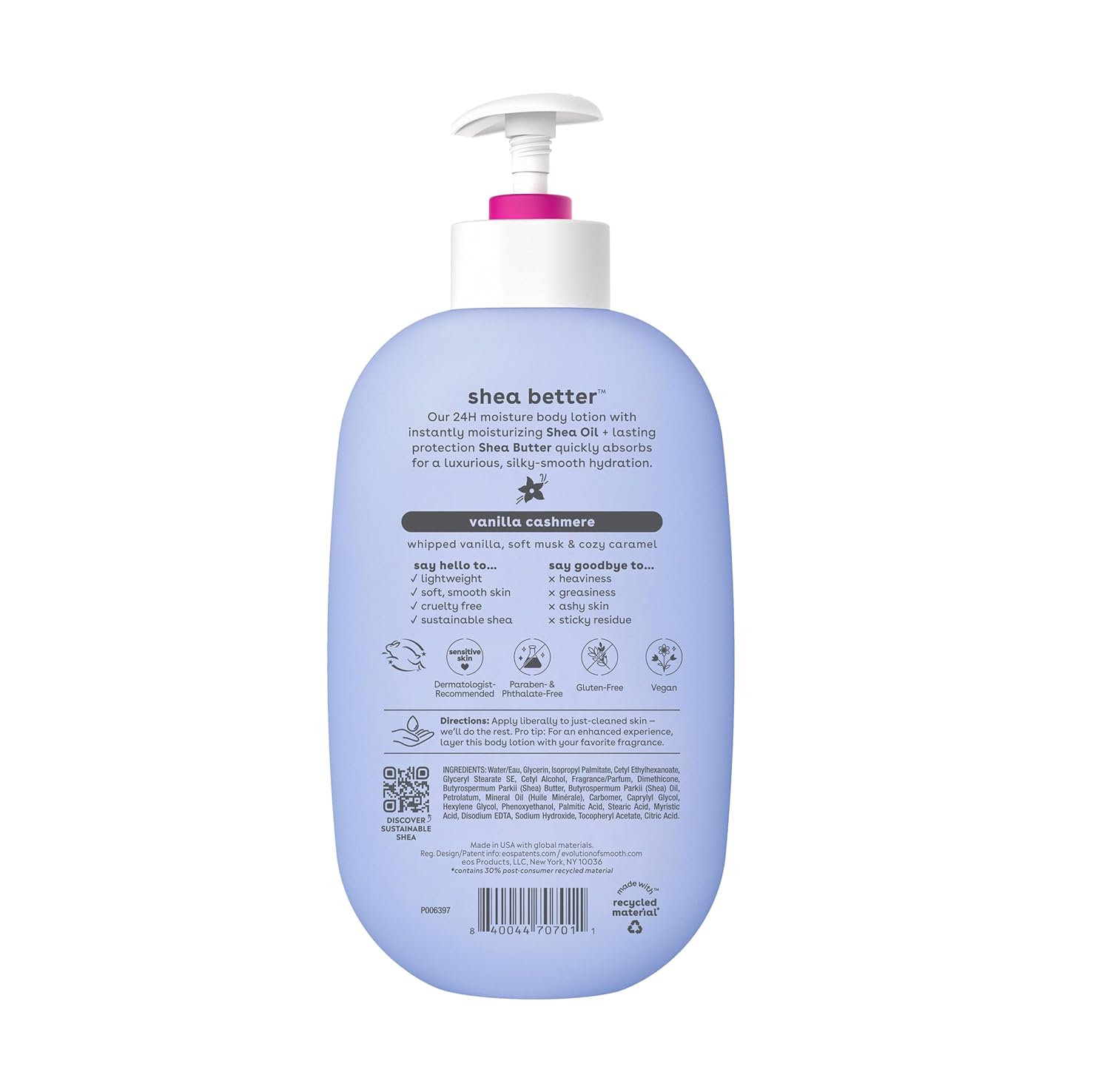 eos Shea Better Body Lotion Vanilla Cashmere – Post-Shower Self-Care Ritual for Women, 24-Hour Hydrating Vanilla Scented Lotion
