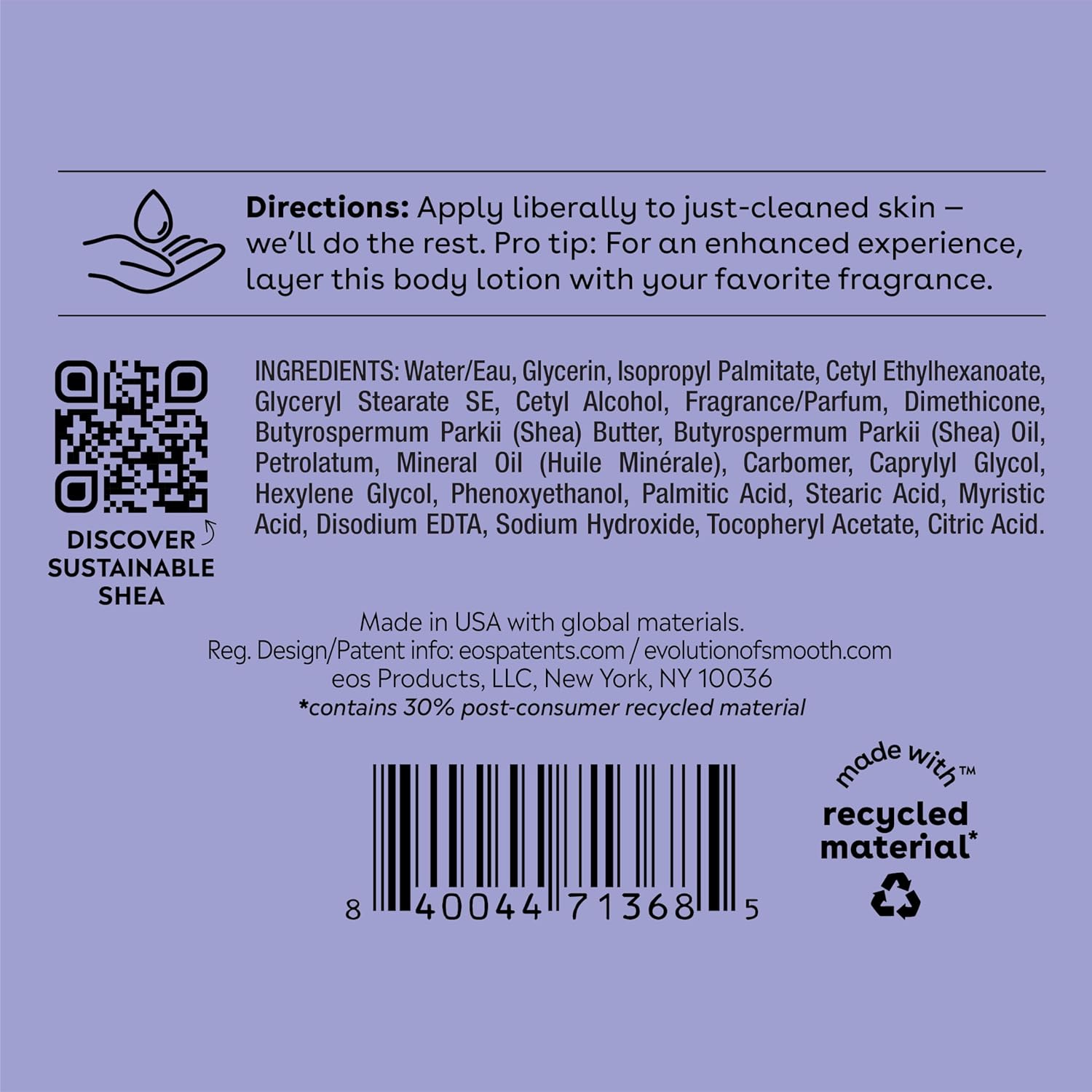 eos Shea Better Body Lotion Vanilla Cashmere – Post-Shower Self-Care Ritual for Women, 24-Hour Hydrating Vanilla Scented Lotion