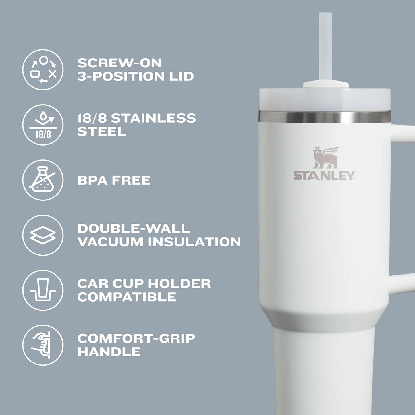 ergonomic comfort-grip handle integrated with narrow base that fits standard car cup holders (14oz-40oz sizes)