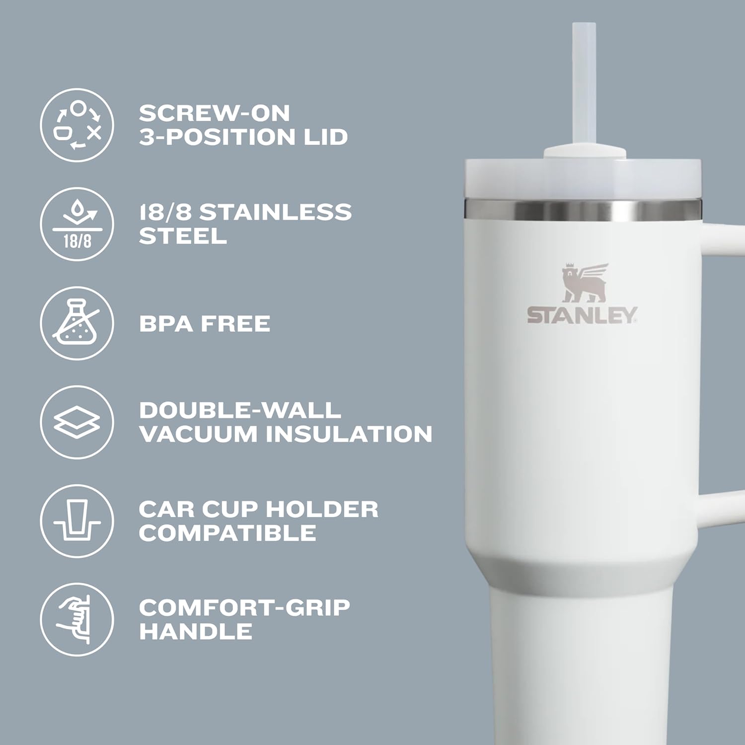 ergonomic comfort-grip handle integrated with narrow base that fits standard car cup holders (14oz-40oz sizes)