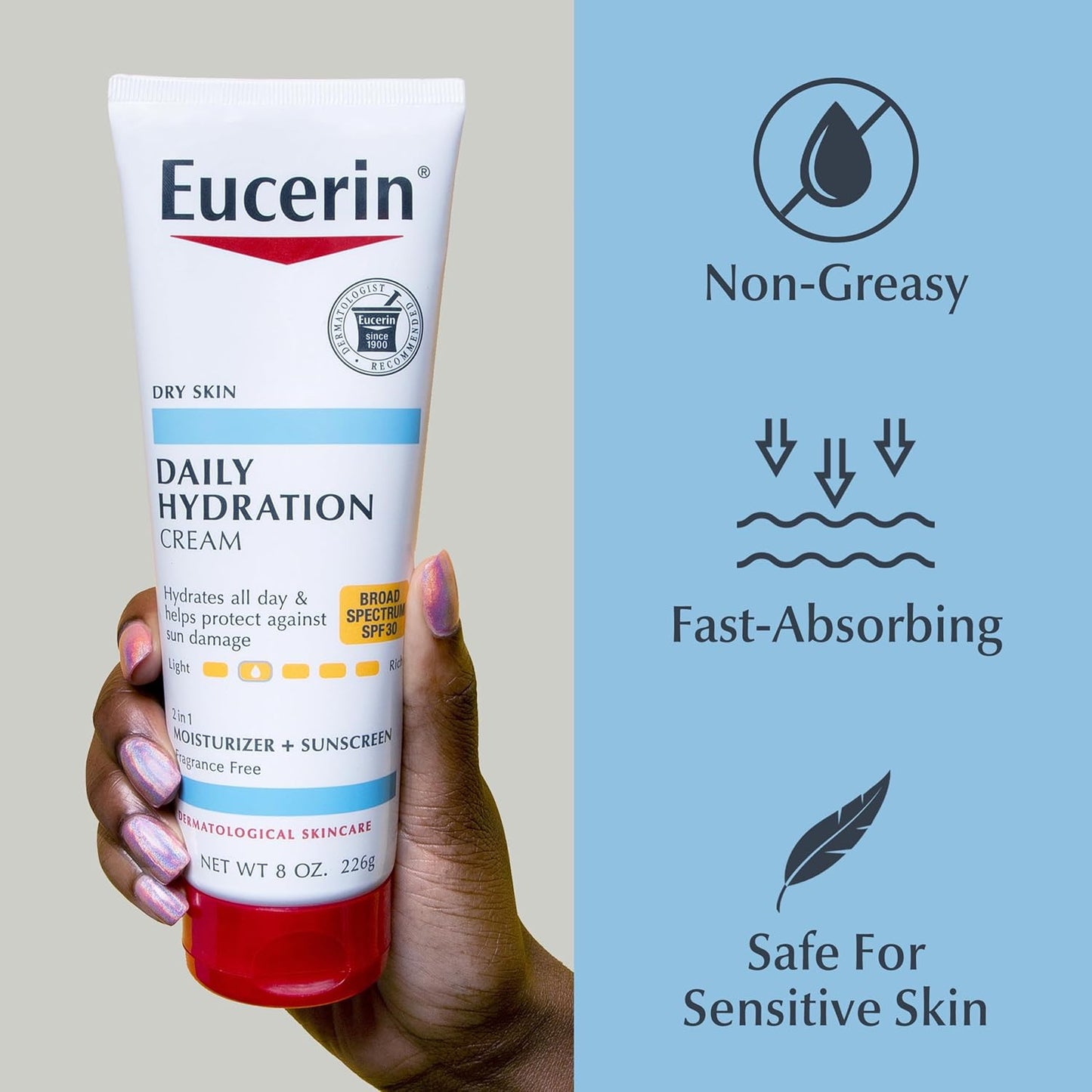 Eucerin Daily Hydration Body Cream SPF 30 – Portable Sunscreen Moisturizer for Walks and Errands, 8 Oz