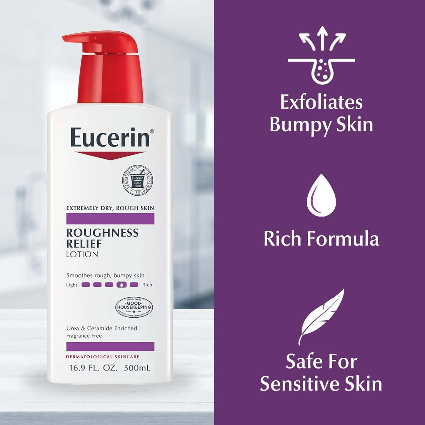Eucerin Roughness Relief Body Lotion – 16.9 FL OZ Pump Bottle for Campers, Hikers, and Travelers with Dry Outdoor Skin