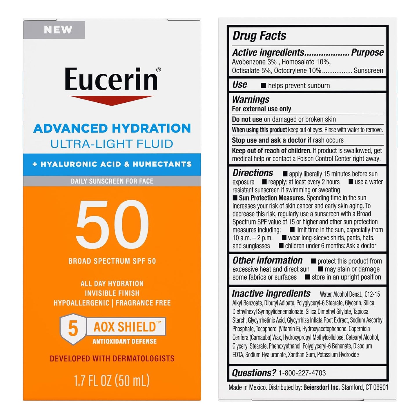 Eucerin Sun Advanced Hydration SPF 50 – Premium Dermatologist-Developed Face Sunscreen with 5 AOX Shield, Elevated Vanity Essential