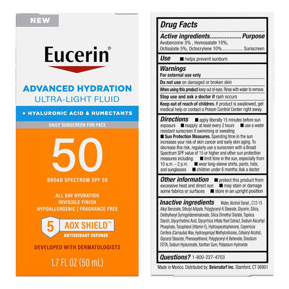 Eucerin Sun Advanced Hydration SPF 50 – Premium Dermatologist-Developed Face Sunscreen with 5 AOX Shield, Elevated Vanity Essential
