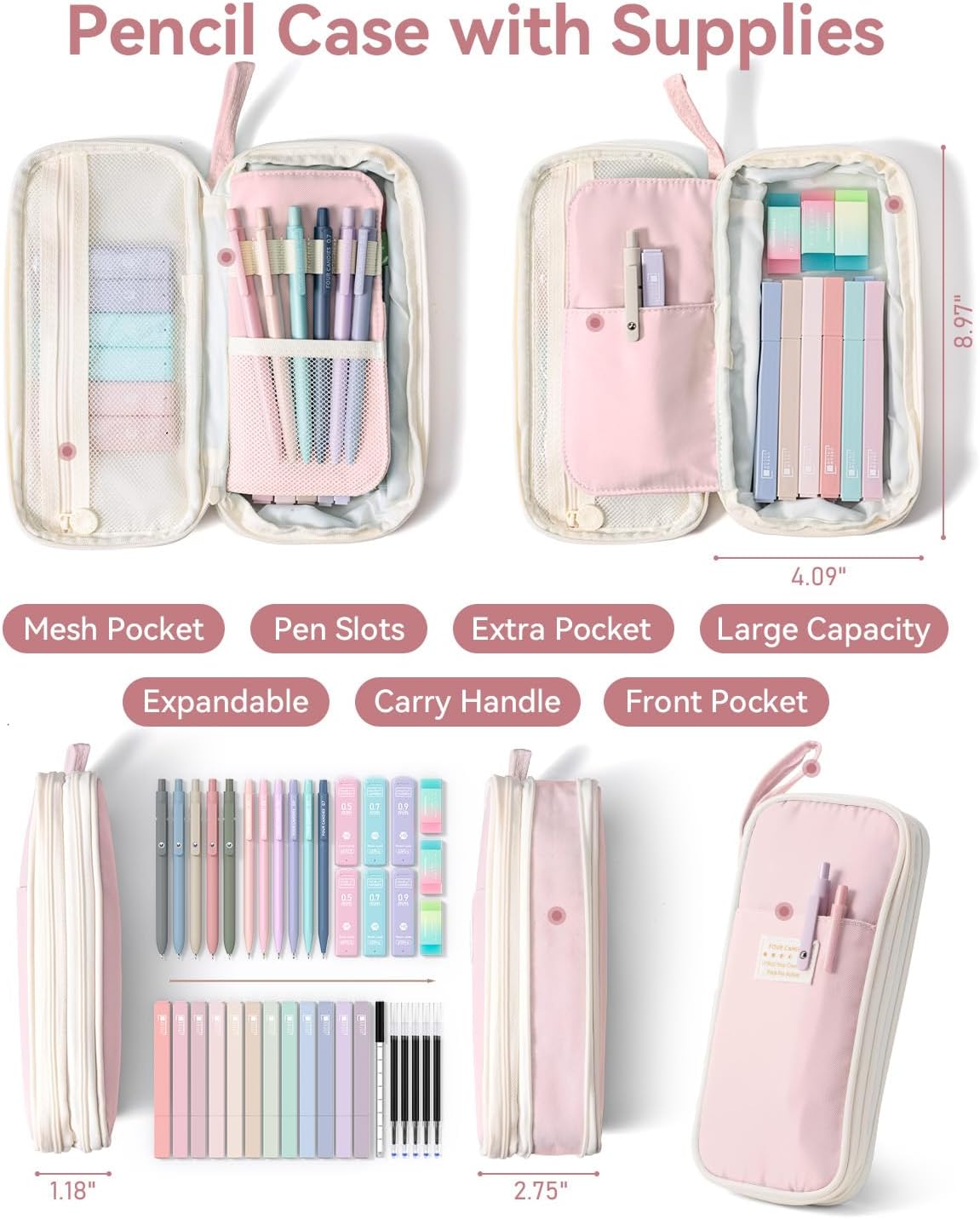 expandable multi-compartment pencil case with smooth zipper and soft waterproof material