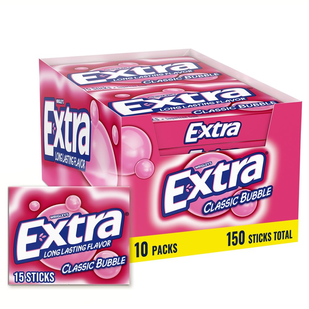 Extra Classic Bubble Gum Sugarfree, Extra Bubble Gum Bulk, Individually Wrapped, Perfect for Fresh Breath at School, Work, and Travel, 15 Count Pack of 10