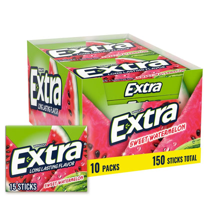 EXTRA Gum Sweet Watermelon Sugarfree, Bulk, Individually Wrapped, Long-Lasting Juicy Watermelon Flavor, Perfect for Fresh Breath at School, Work, and Travel 15 Count, Pack of 10