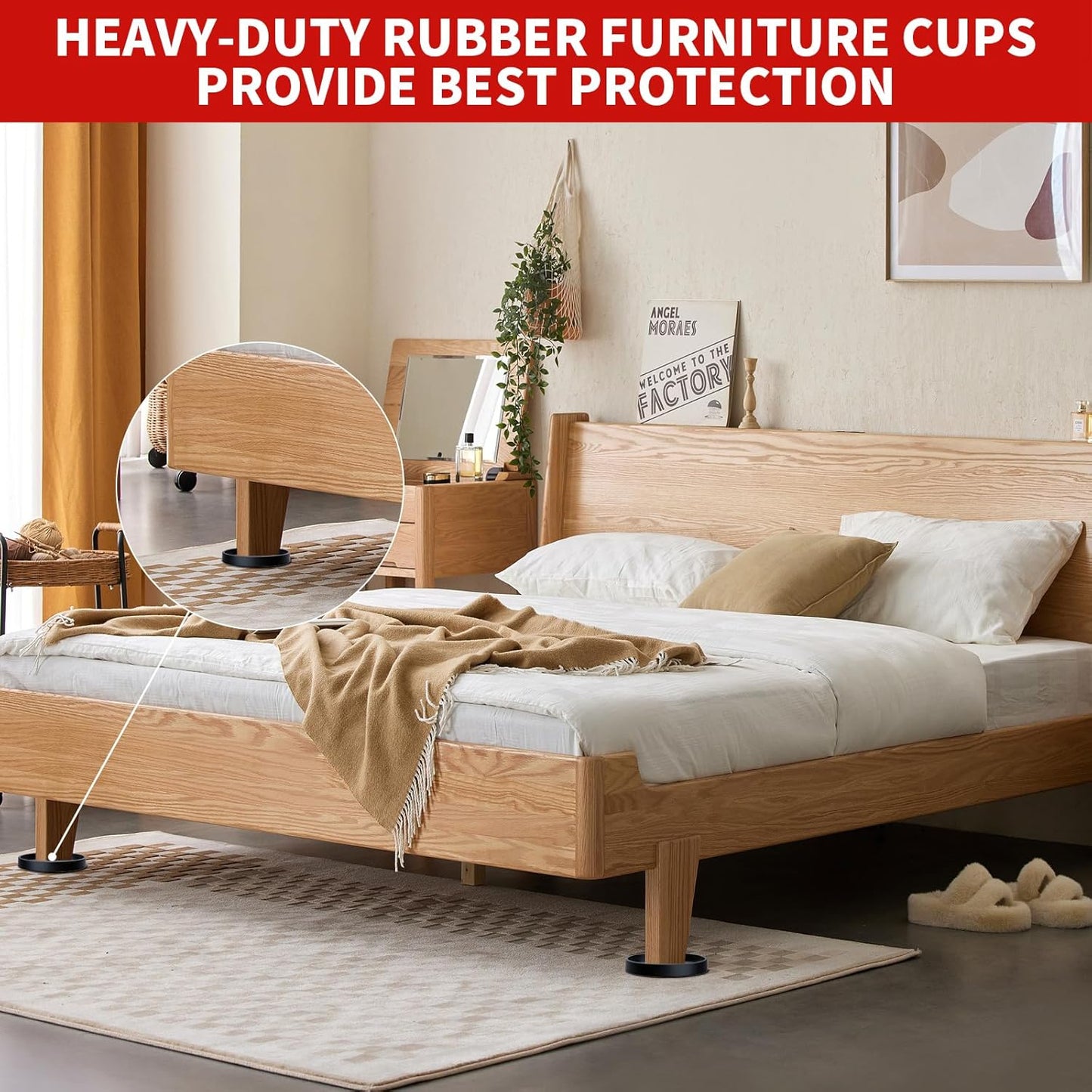 Ezprotekt Anti Skid Furniture Cups for Bedroom Aesthetic, 2" Round Rubber Caster Pads Under Couch Legs on Wood Floors
